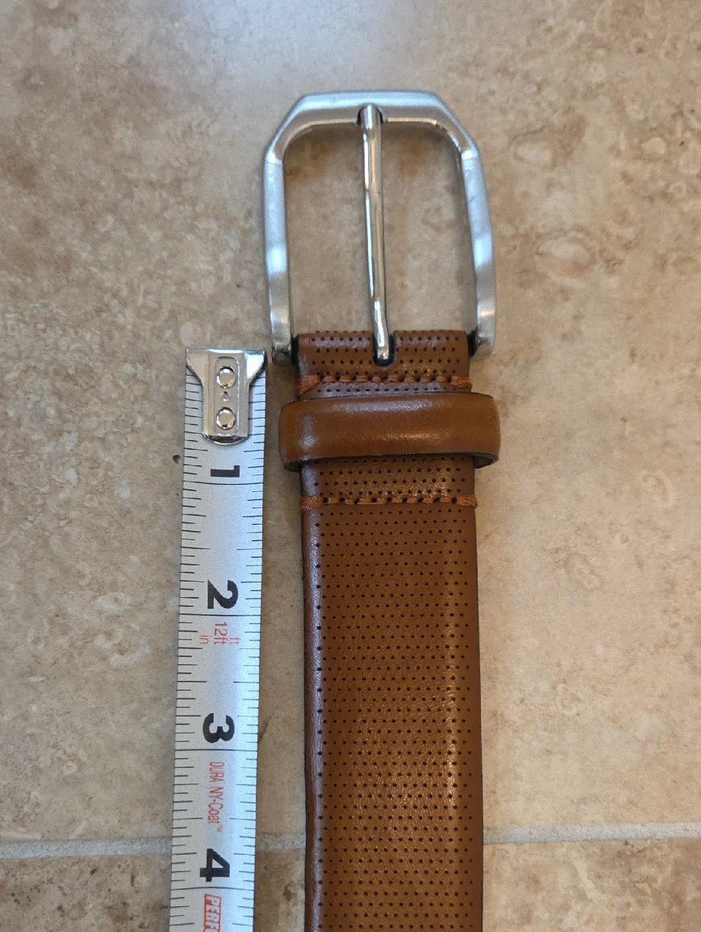 MEN'S JOHNSTON & MURPHY BROWN CALFSKIN LEATHER PERFORATED BELT SILVER BUCKLE 40